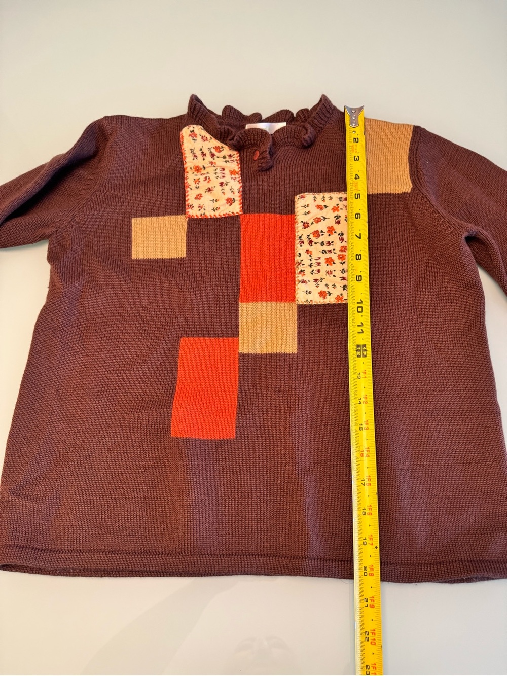 Cannelle Vintage Style Patchwork Wool Blend Sweater Brown Floral Patch M - Picture 5 of 10